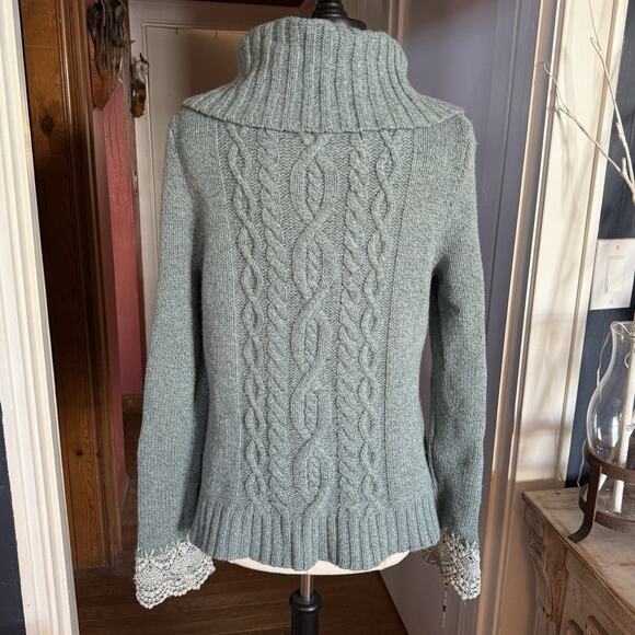 Anthropologie Sleeping on Snow Cardigan Sweater XL Cable Knit Lace Cuff Sleeves - Picture 9 of 16